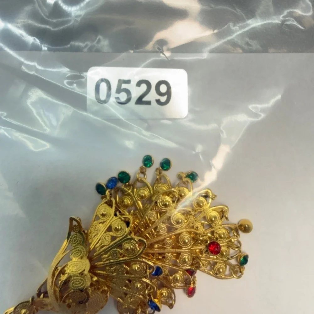 Vintage Gold Tone Filigree Peacock Brooch with Rhinestones Moving Tail